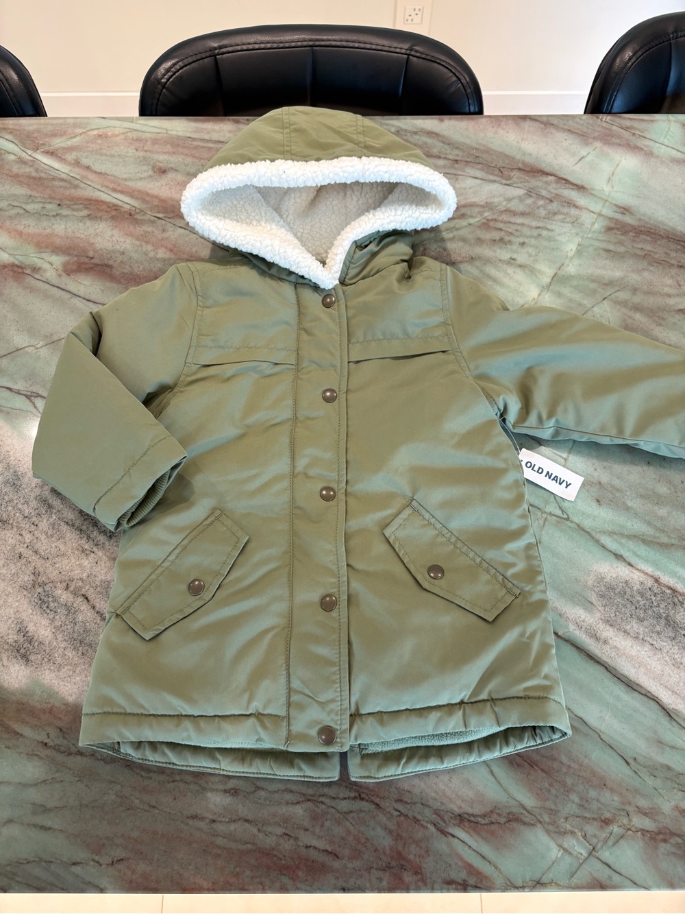 Old Navy Olive Green Hooded Puffer Coat with White Sherpa Trim